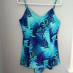 Blue and Purple Tropical One Piece‎ Swimsuit, good condition